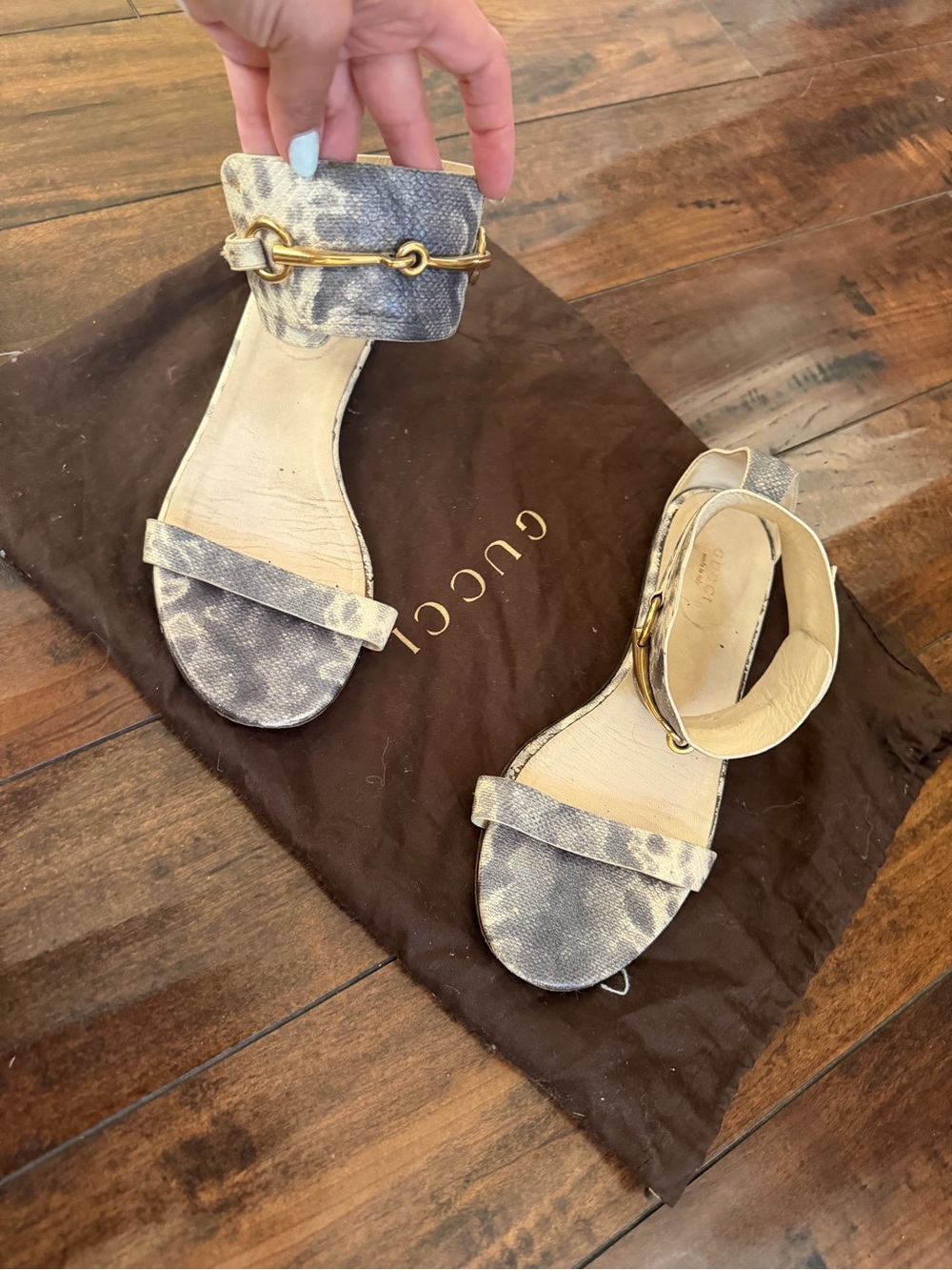 Gucci Gray Tie-Dye Ankle-Strap Sandals with Gold Horsebit